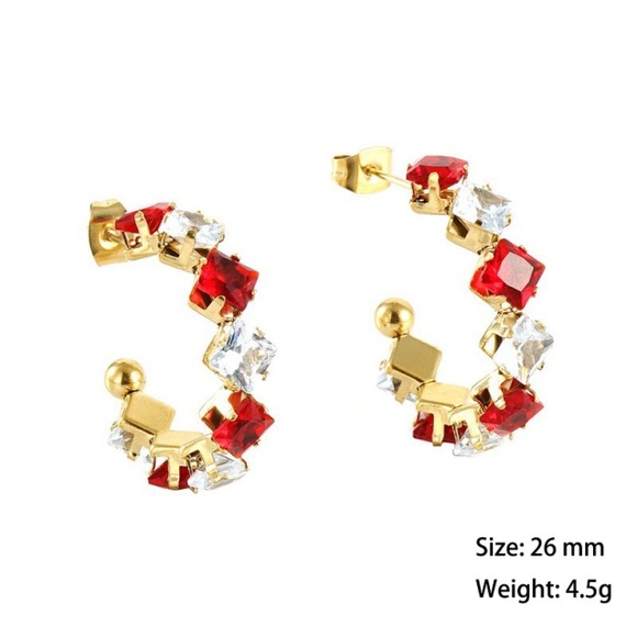 18K Gold Plated Hoop Earrings*Red White Ruby Diamond Swarovski Crystal Zircon*ZX - Picture 2 of 2